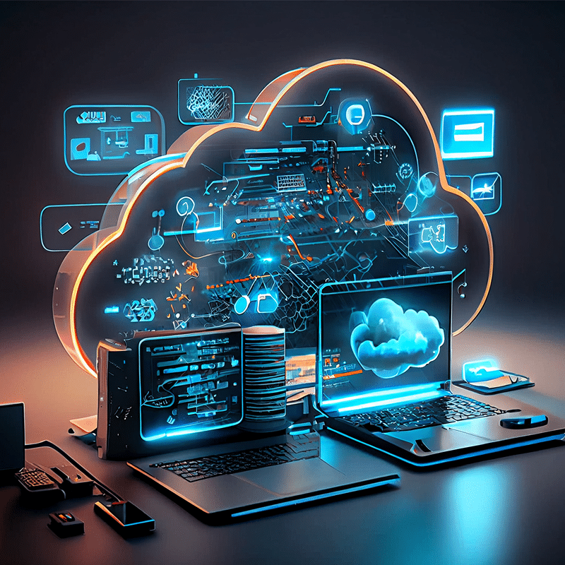 Blog_Post_Emr-Conversion Futuristic digital scene with glowing laptops and cloud icons, surrounded by holographic data and neon lines, conveying a modern tech atmosphere.