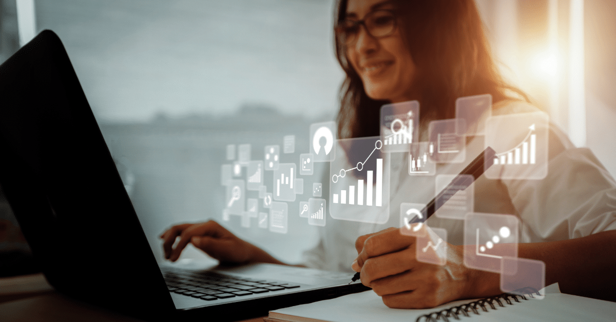 ERP healthcare data_2 woman on laptop with graphs and charts overlaid